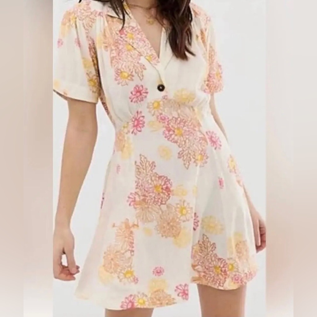 Free People Cream Dress With Pink And Yellow Floral Print Euc